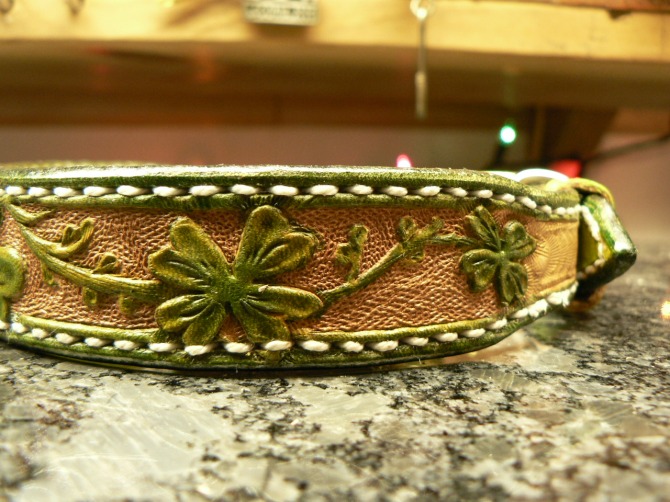 clover and vines tooled onto leather dog collar