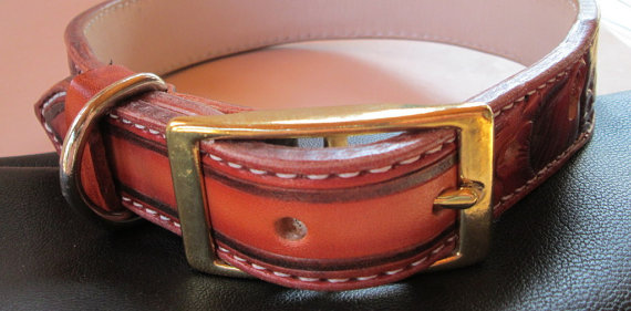 Vintage floral design tooled leather dog collar by AcrossLeather