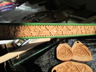 Irish themed collar for Beamish, leather dog collars,pet accessories,handmade,hand tooled,new castle DE,lawrence carter author