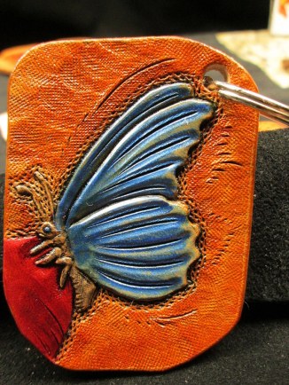 handmade,custom,leather,keychain,key ring,key fob,blue butterfly,orange butterfly,red heart,new castle,DE,acrossleather,lawrence carter